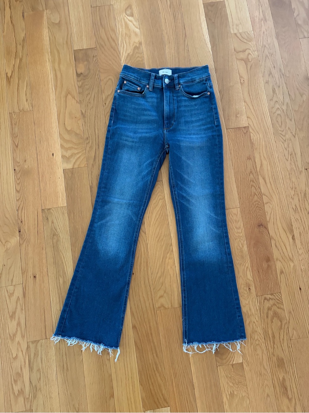 DL1961 Dark Blue High-Rise Flare Jeans with Raw Hem